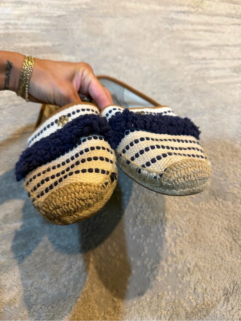 Tory Burch Shaw Fringe Espadrilles Navy Cream Stripe Slip On 10.5